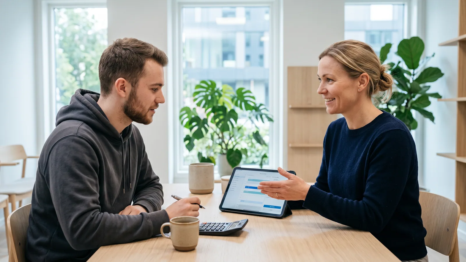 En ung mand og en klinikrådgiver sidder ved et lyst træbord på en lys øjenklinik og gennemgår en afbetalingsplan på en tablet, med en lommeregner på bordet.