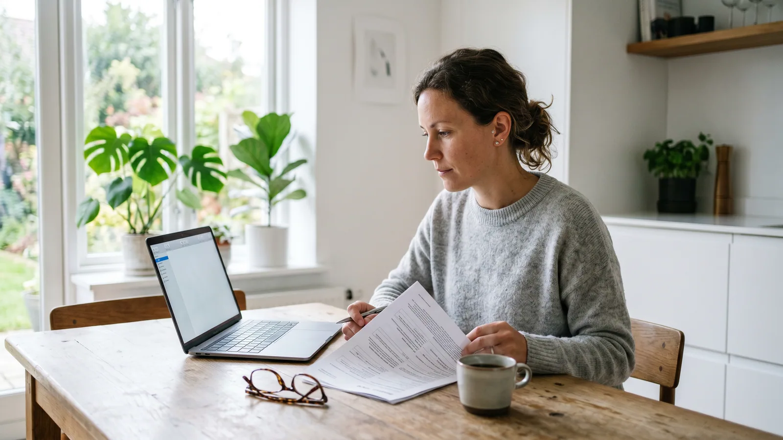 En kvinde sidder ved et lyst køkkenbord med laptop og papirer og gennemgår forsikringsbetingelser i et skandinavisk hjem.