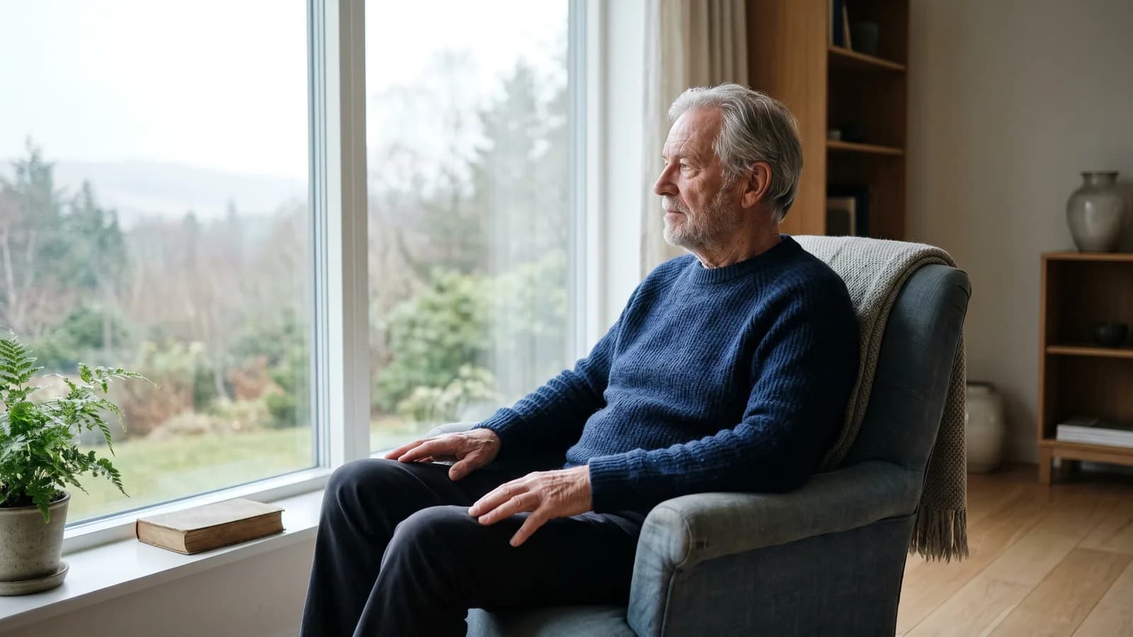 Ældre mand kigger ud af et vindue i dæmpet lys