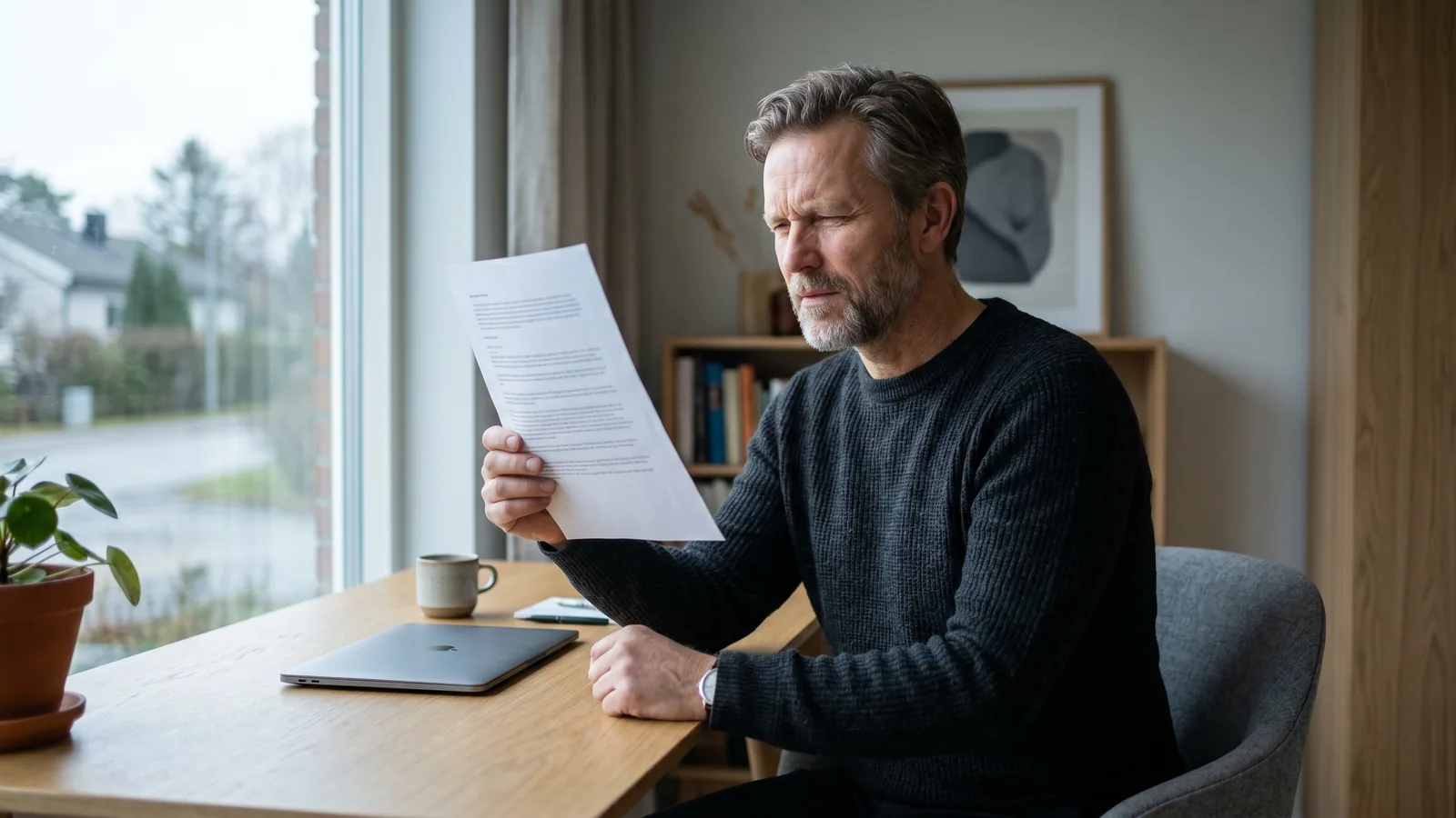 Mand holder et dokument på armslængde for at læse