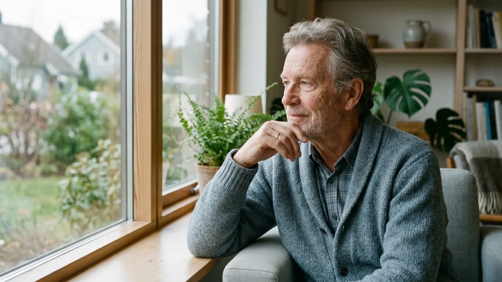 En ældre mand sidder ved et vindue og ser eftertænksomt ud i en rolig nordisk stue med dæmpet lys