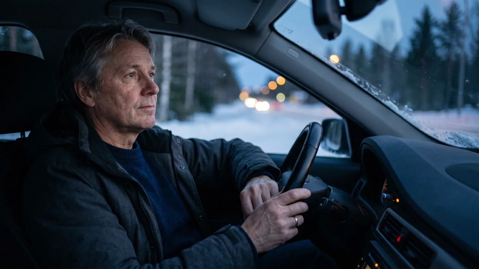 En bilist kører ad en mørk landevej en vinteraften med modkørende forlygter, der blænder gennem forruden