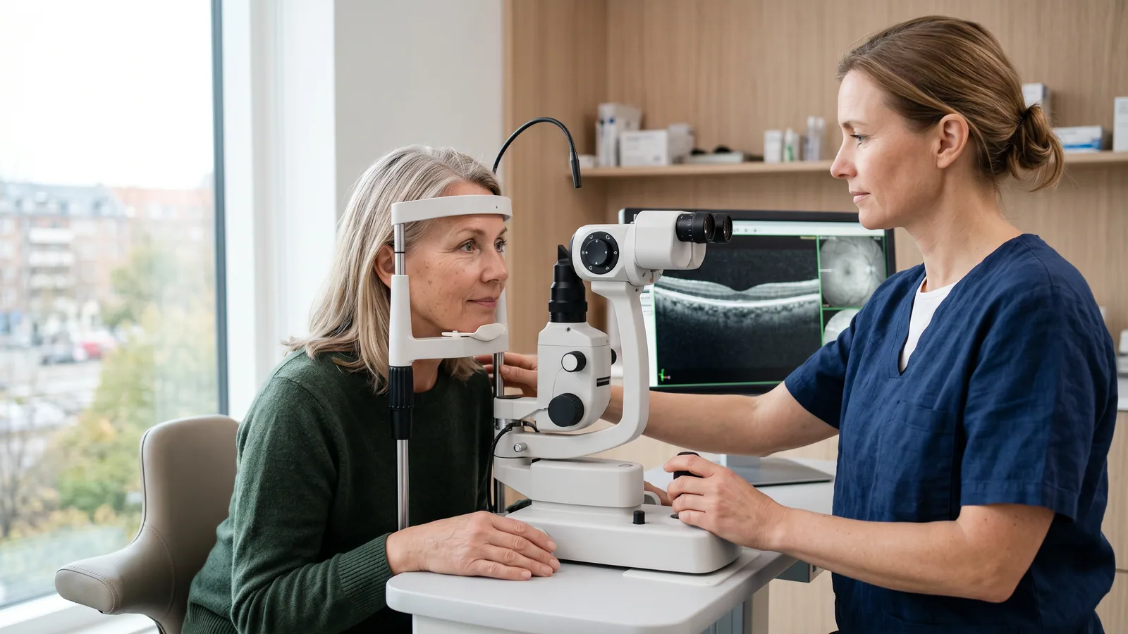Optiker undersøger en kvindes nethinde i en spaltelampe på en lys øjenklinik, med et OCT-scanningsbillede af nethinden på skærmen ved siden af.