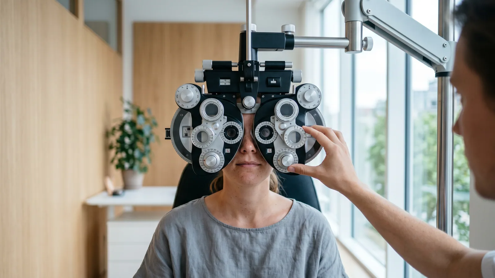 Patient ser gennem en foropter under en synstest, mens optikeren justerer linserne.