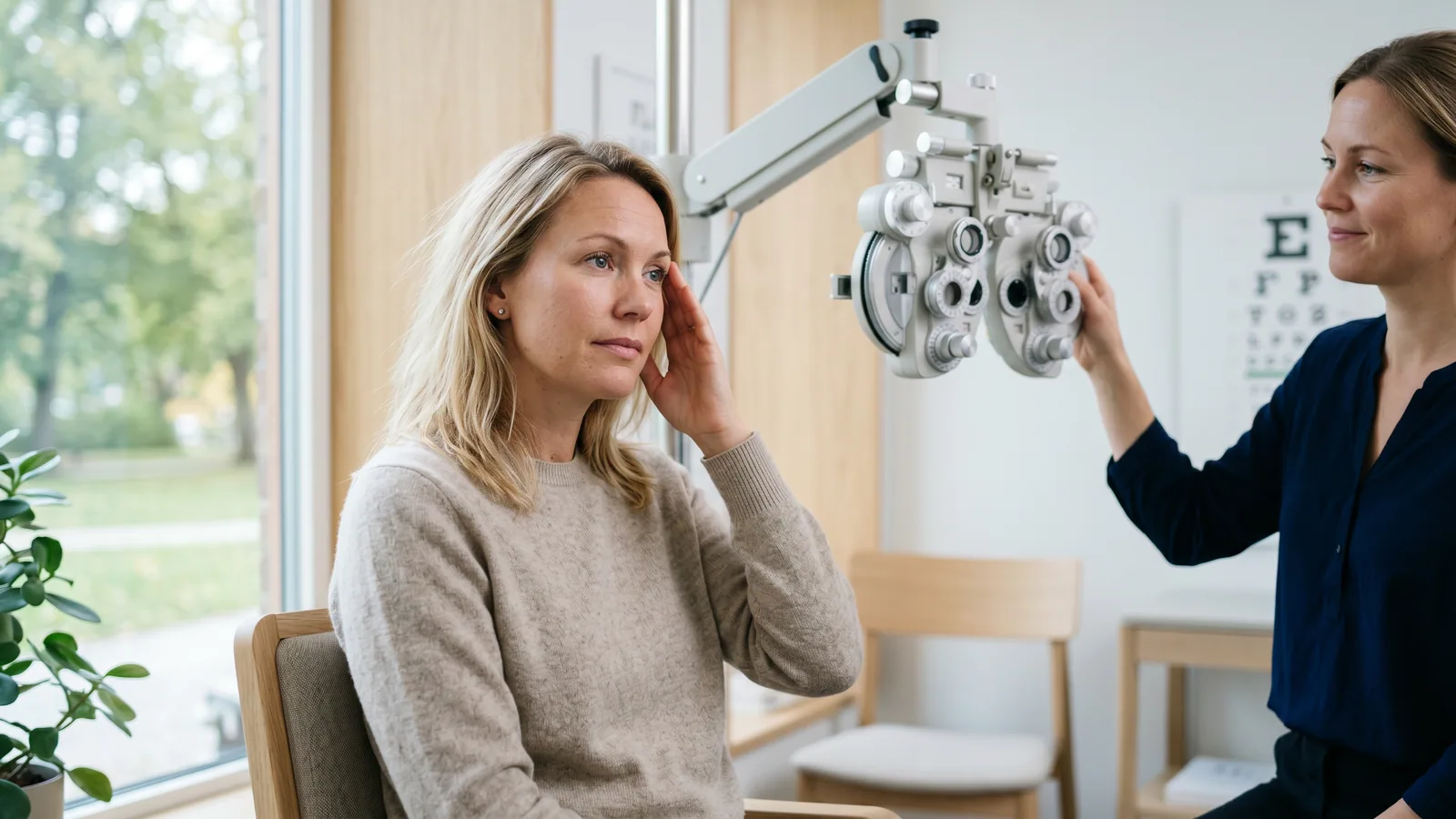 En kvinde i en lys skandinavisk øjenklinik holder hånden ved tindingen og ser sløret ud i rummet, med en optiker og et synsundersøgelsesapparat i baggrunden.