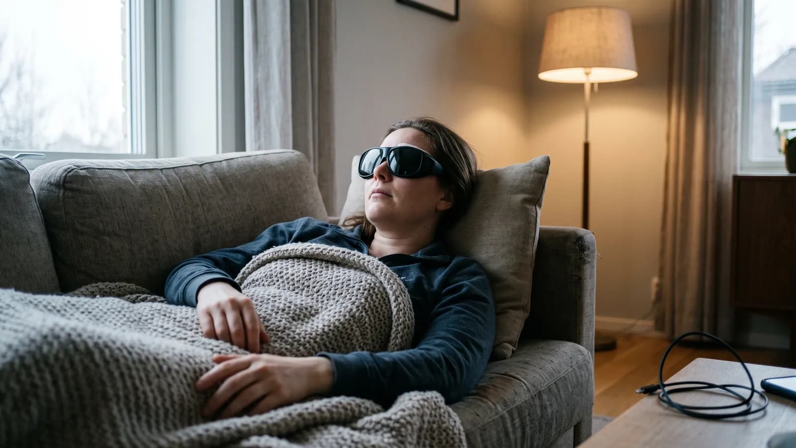 Person hviler hjemme med mørke solbriller dagen efter øjenlaser