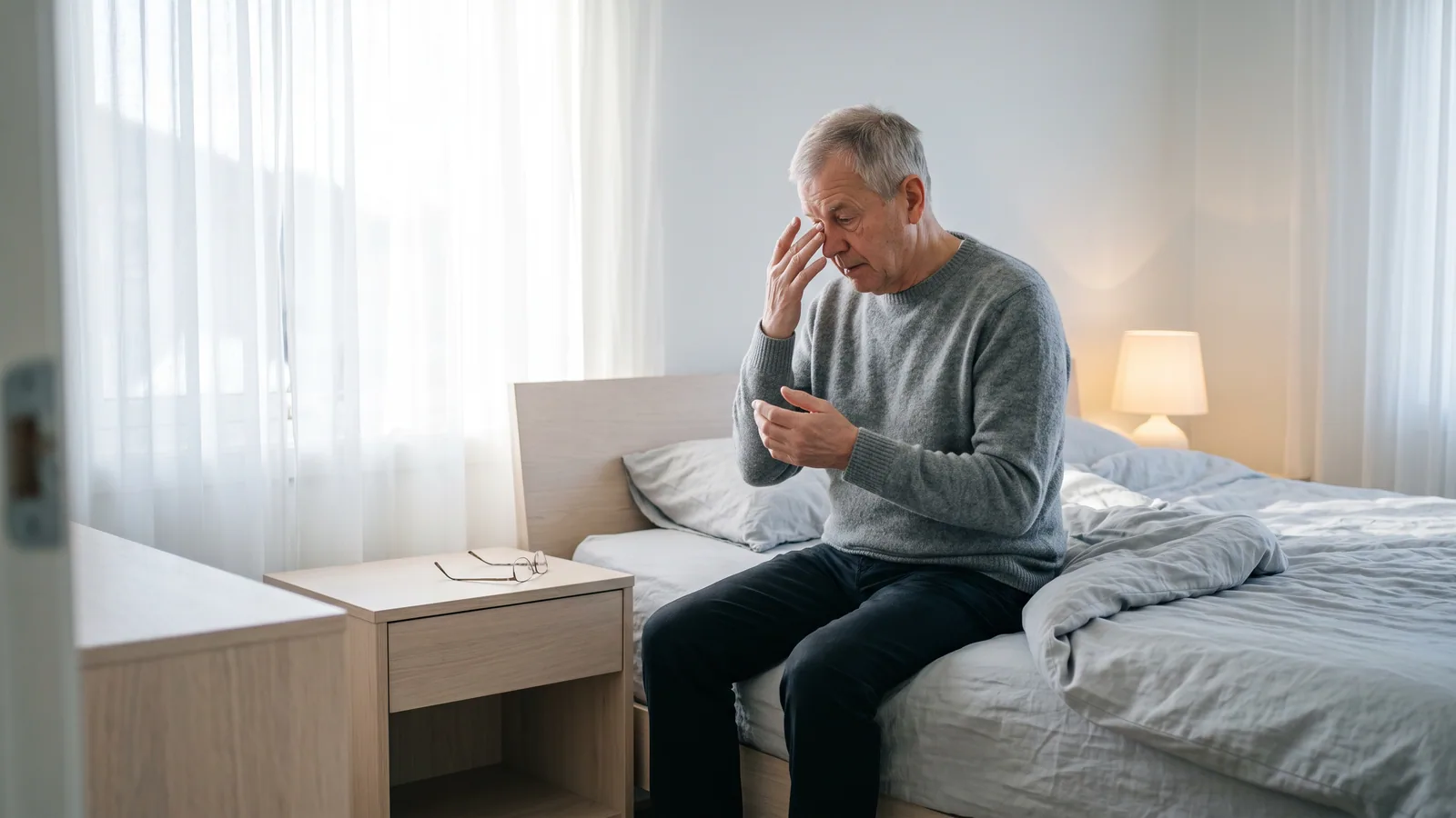 En mand i 70'erne sidder på sengekanten i et nordisk soveværelse i tidligt morgenlys og fører hånden op mod det ene øje