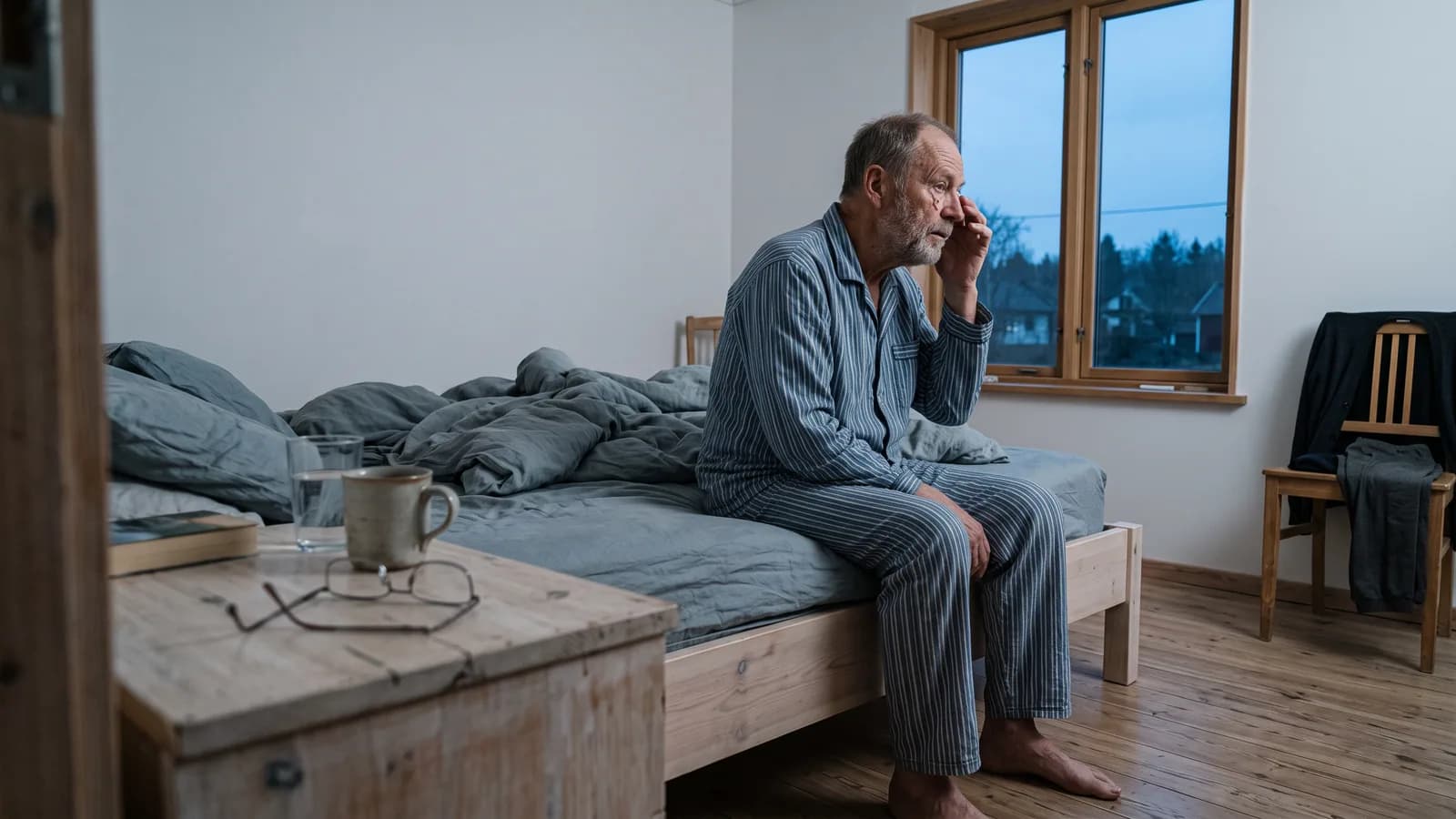 En mand i 70'erne sidder på sengekanten i et nordisk soveværelse i tidligt morgenlys og fører hånden op mod det ene øje