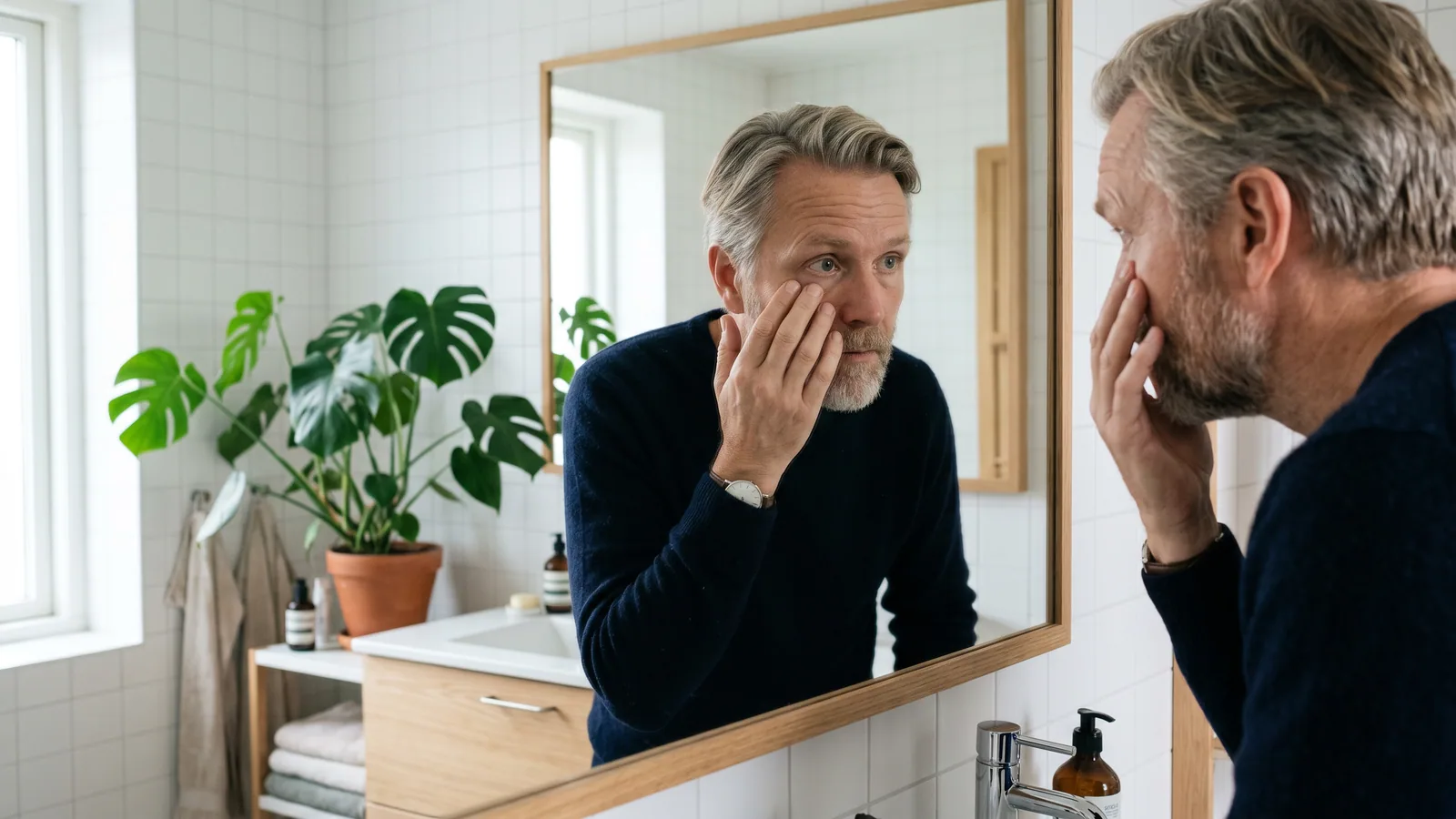 En mand i halvtredserne står ved et lyst badeværelsesspejl og undersøger nøje sit ene øje i morgenlyset.