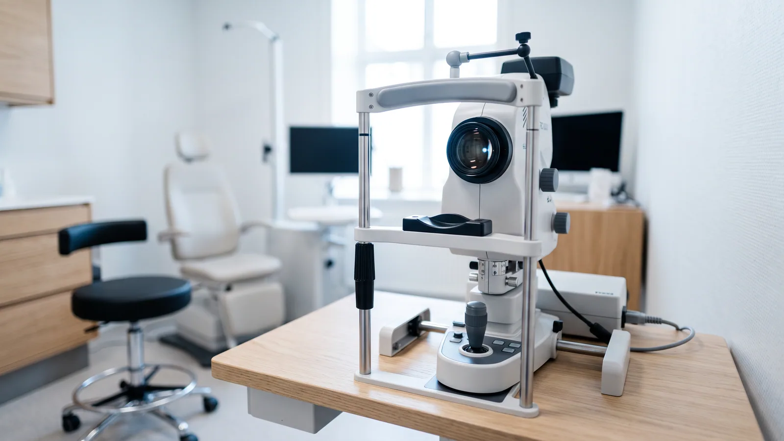 Et nethindefoto vist på en skærm hos øjenlægen, hvor de fine blodårer på øjenbunden træder tydeligt frem under screening for diabetisk retinopati