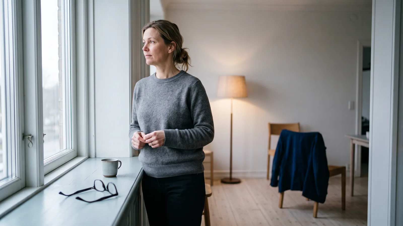 Kvinde i fyrrerne står ved et stort vindue med udsigt over et nordisk landskab og ser eftertænksom ud, med et sammenlagt par briller lagt til side på vindueskarmen