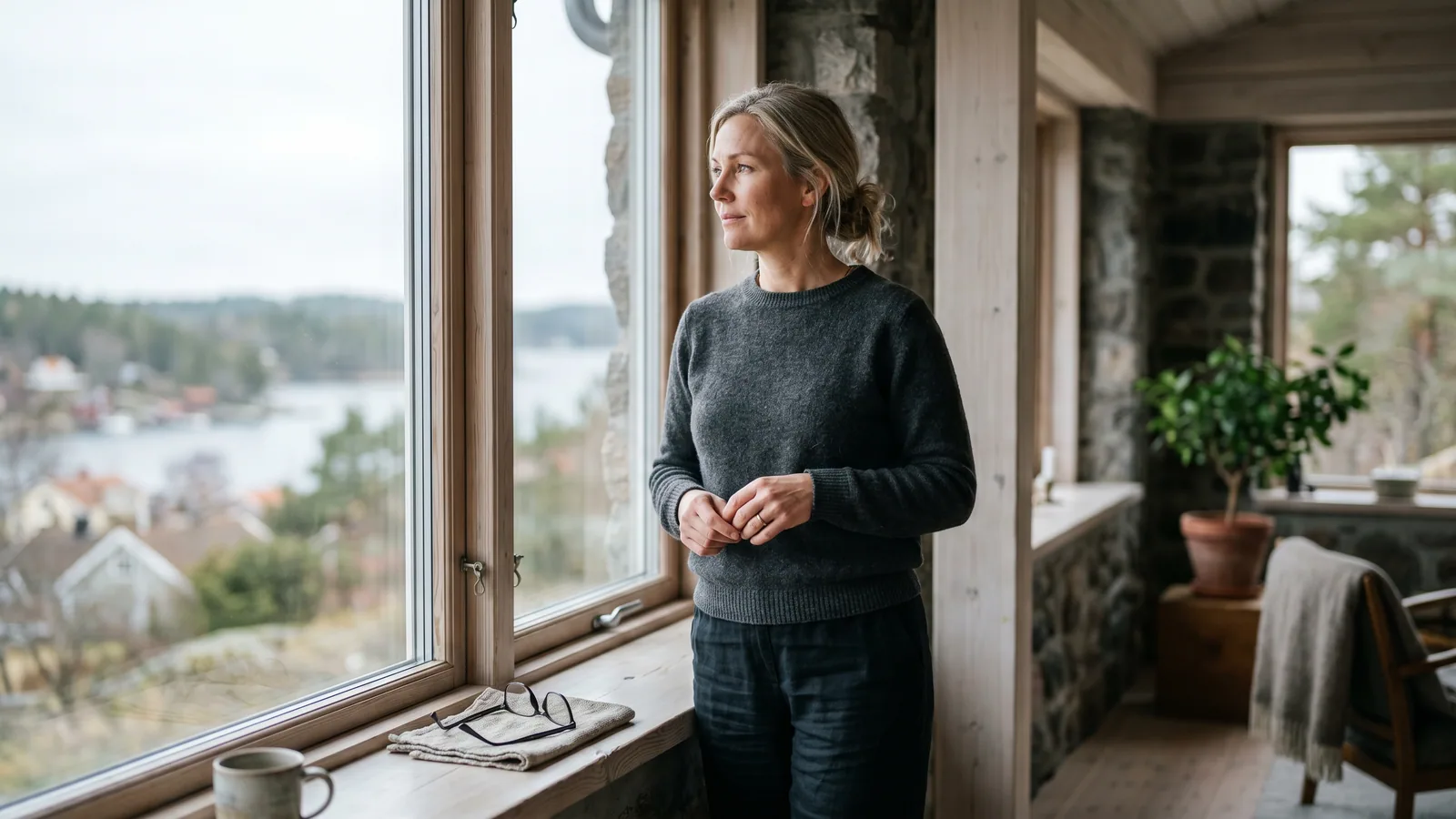 Kvinde i fyrrerne står ved et stort vindue med udsigt over et nordisk landskab og ser eftertænksom ud, med et sammenlagt par briller lagt til side på vindueskarmen
