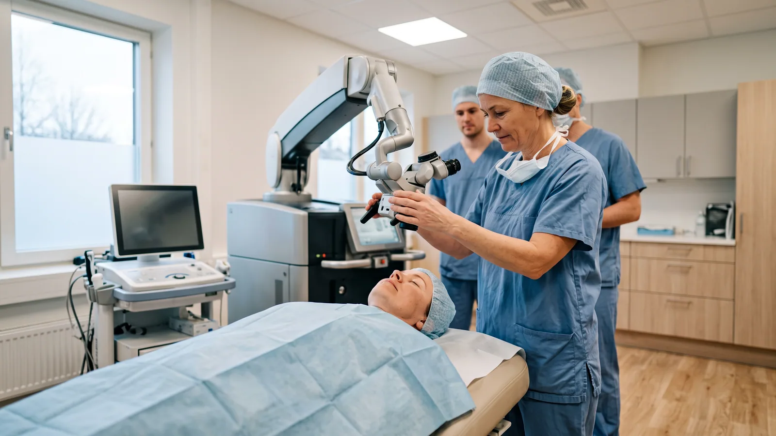 Patient ligger på behandlingslejet på operationsdagen, mens en øjenkirurg i operationstøj positionerer laseren over øjet i en lys klinik.