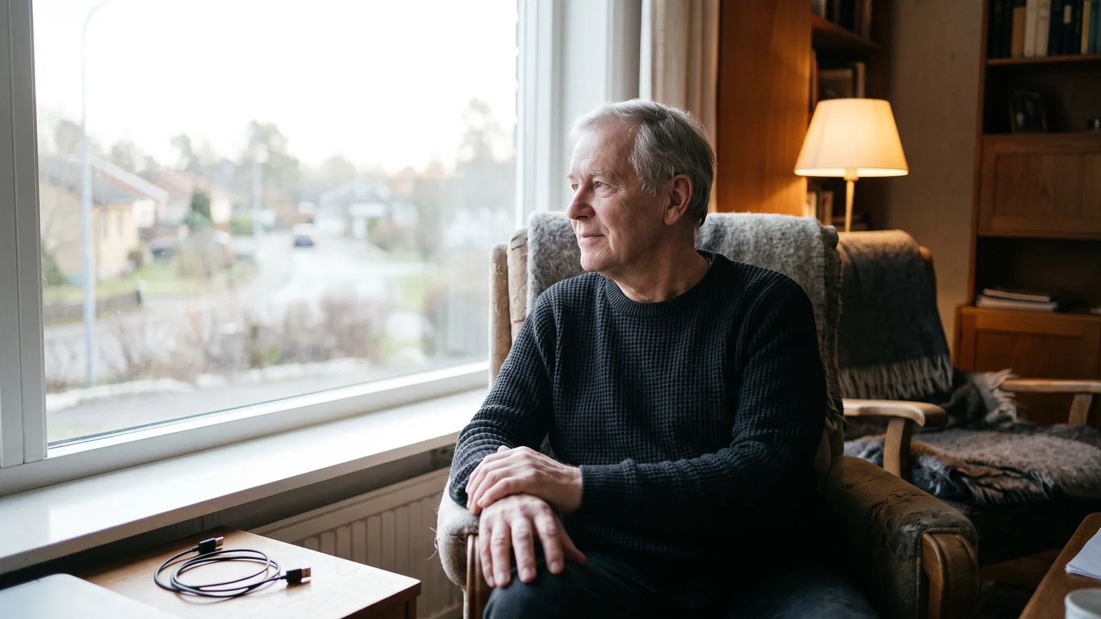 Ældre mand kigger ud af et vindue i dæmpet lys