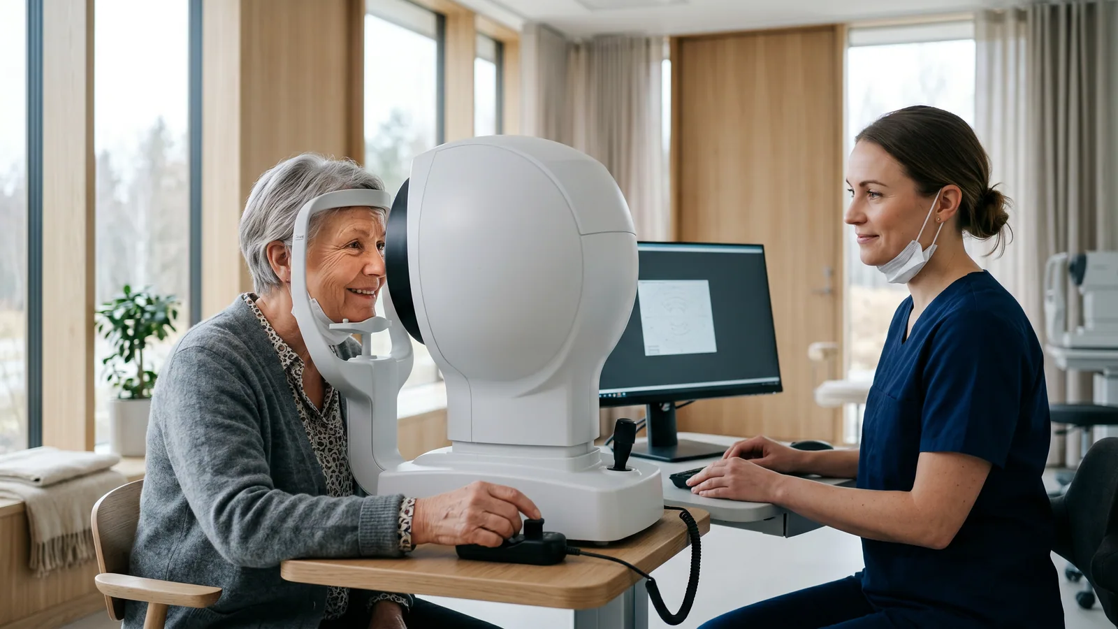 Ældre kvinde får sine øjne undersøgt med en øjenscanner hos en optiker i en lys skandinavisk klinik.