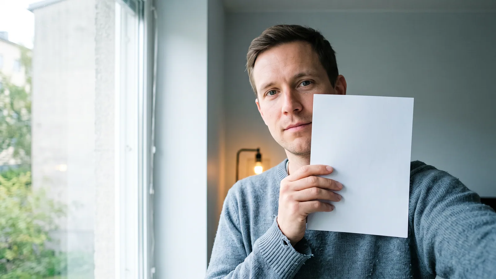 En mand i 30'erne står ved et vindue i dagslys og holder et hvidt stykke papir op ved kinden for at sammenligne farven med det hvide i øjet