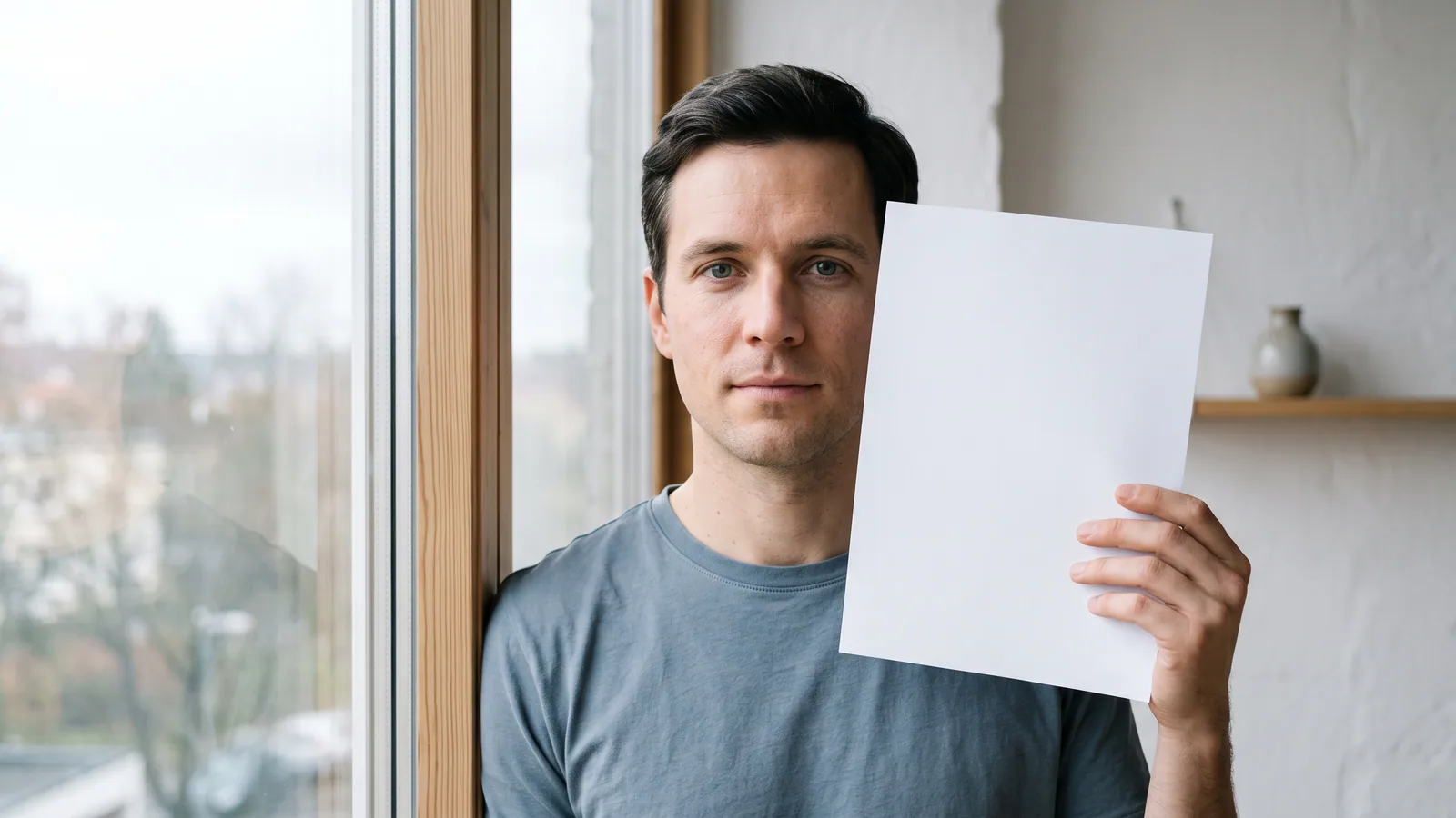 En mand i 30'erne står ved et vindue i dagslys og holder et hvidt stykke papir op ved kinden for at sammenligne farven med det hvide i øjet