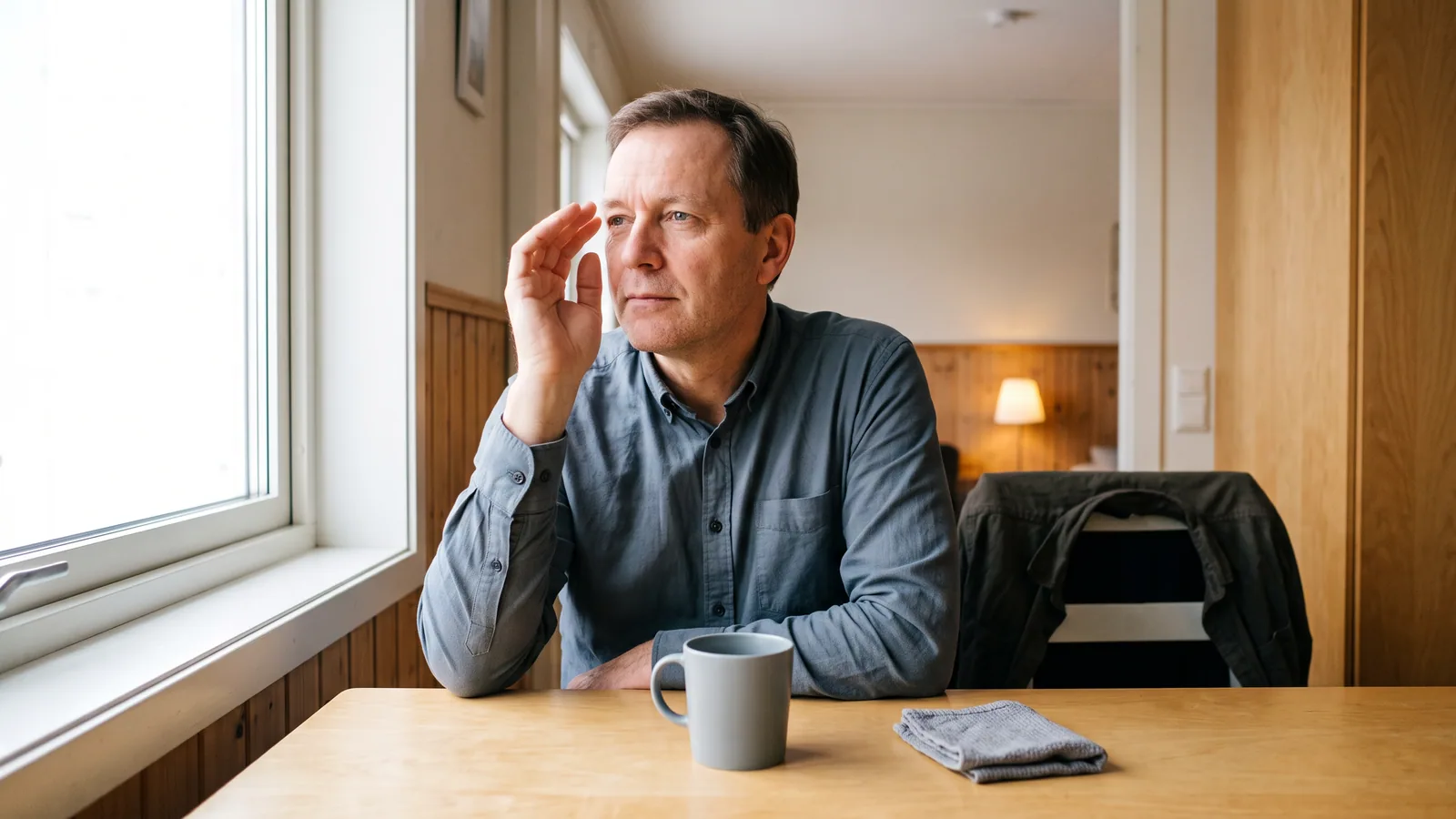 En mand i 50'erne står ved et lyst køkkenvindue, holder det ene øje lukket og skærmer for dagslyset med hånden