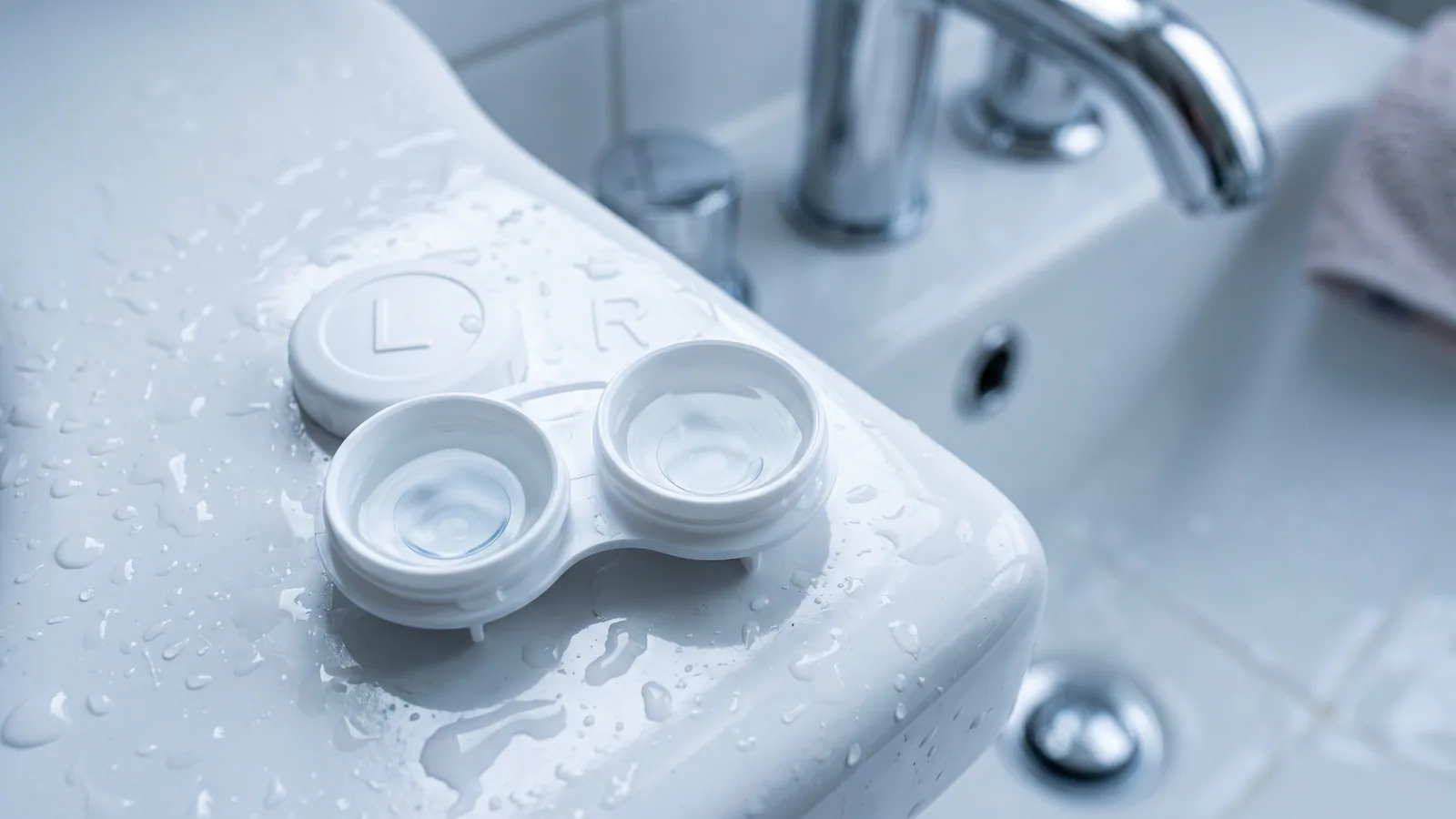 Et åbent linseetui med væske står på den våde porcelænskant af en håndvask