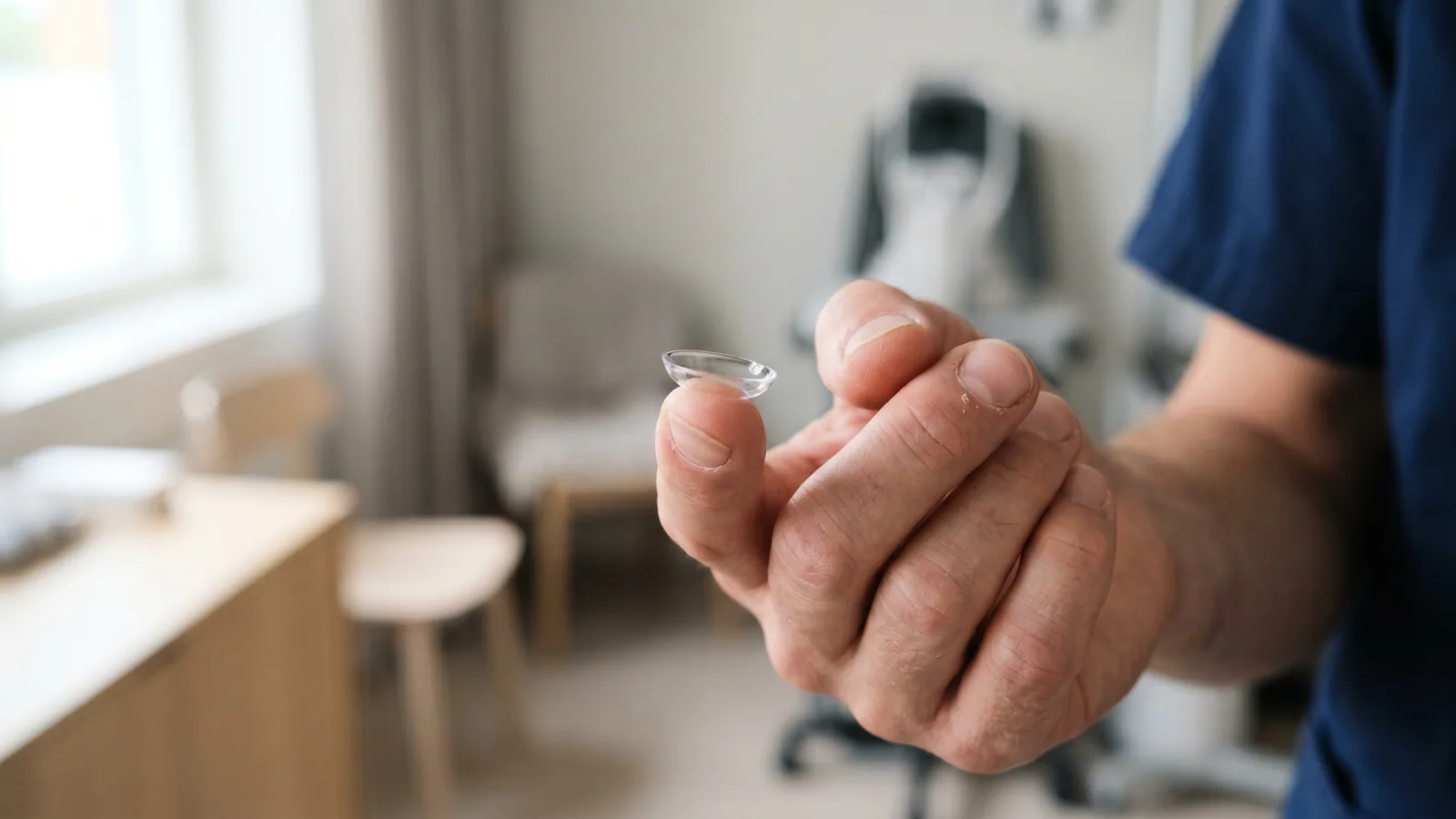 Nærbillede af en stiv kontaktlinse holdt mellem fingrene
