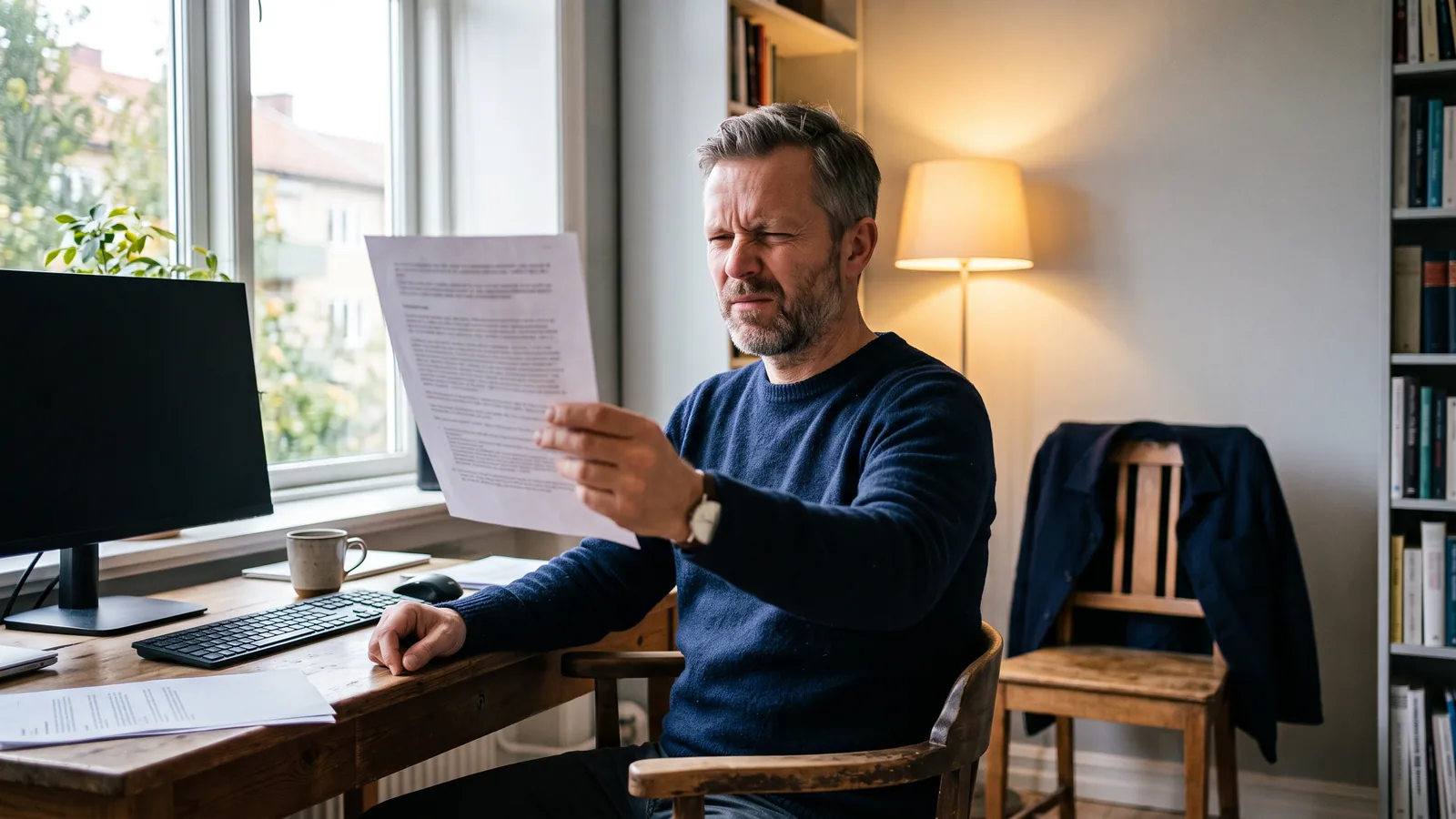 Mand holder et dokument på armslængde for at læse