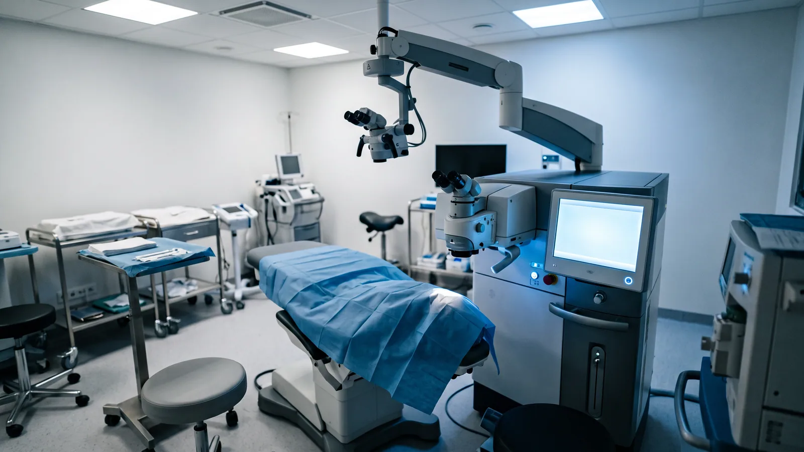 Et moderne operationsrum til øjenlaser set oppefra, med laserplatform, patientstol og operationsmikroskop klar til brug.