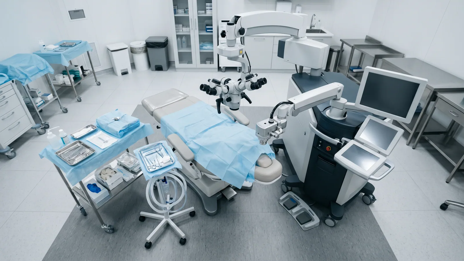 Et moderne operationsrum til øjenlaser set oppefra, med laserplatform, patientstol og operationsmikroskop klar til brug.