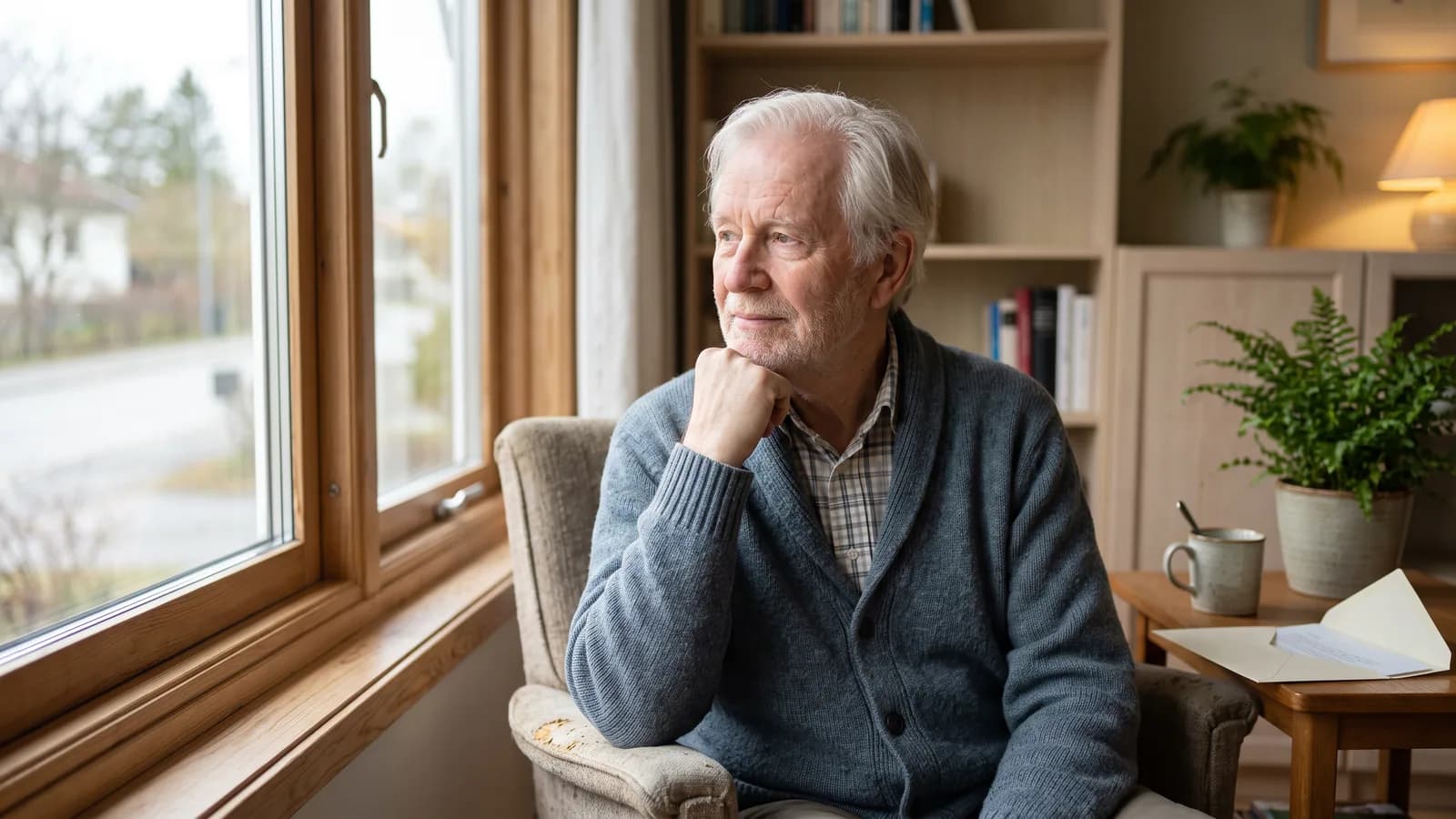 En ældre mand sidder ved et vindue og ser eftertænksomt ud i en rolig nordisk stue med dæmpet lys