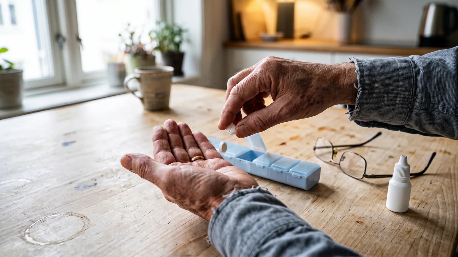 To hænder ved et køkkenbord i birk hælder en tablet fra en ugedoseringsæske ud i håndfladen, med læsebriller og en lille dråbeflaske ved siden af