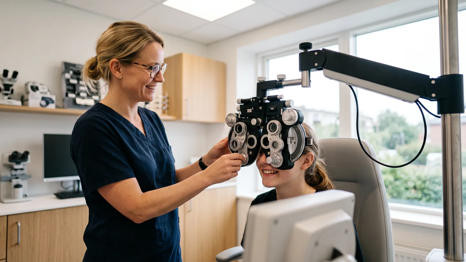 Ung kvinde får testet synet med prøvebrille hos optiker under en synsundersøgelse