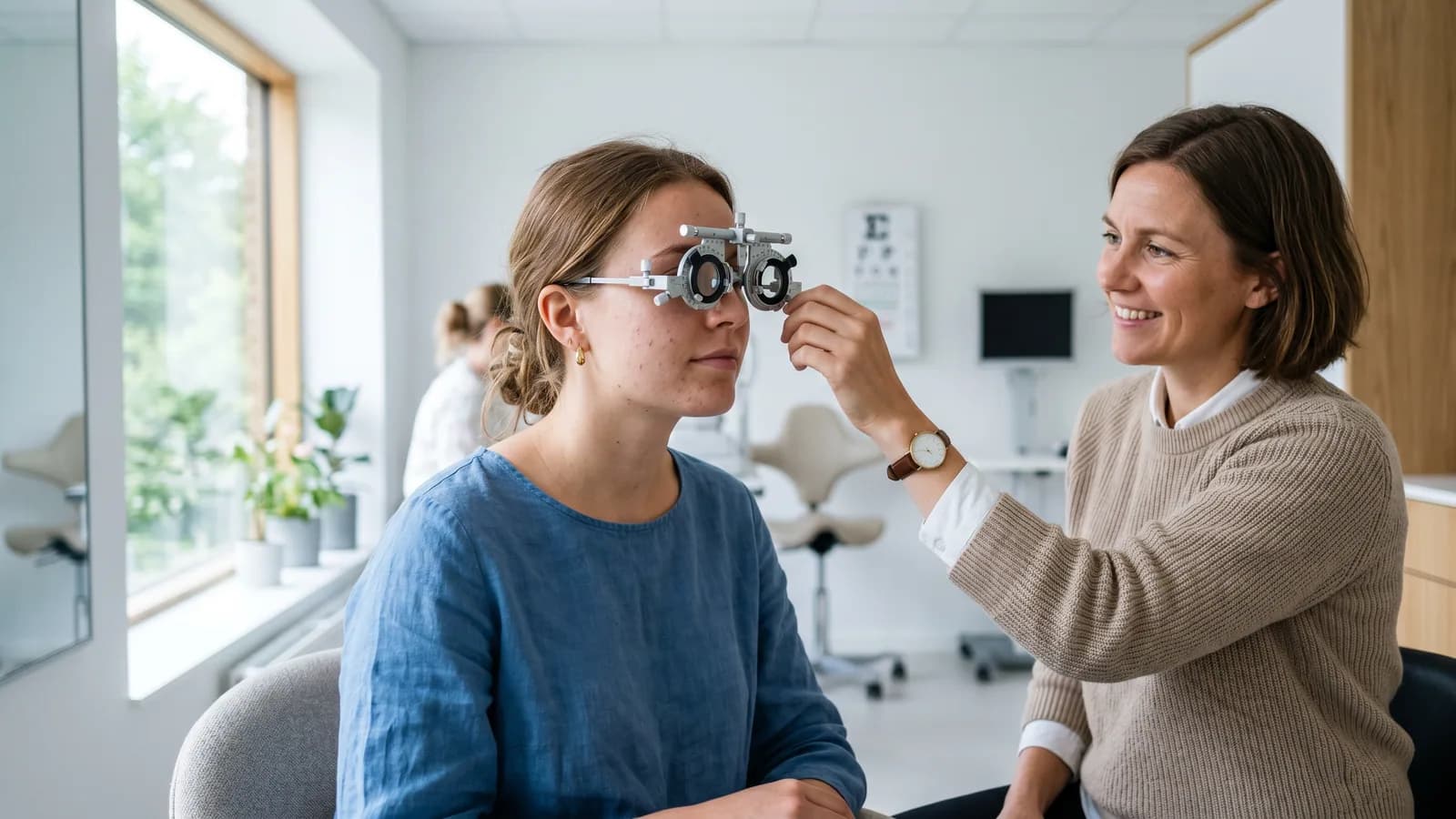 Ung kvinde får testet synet med prøvebrille hos optiker under en synsundersøgelse