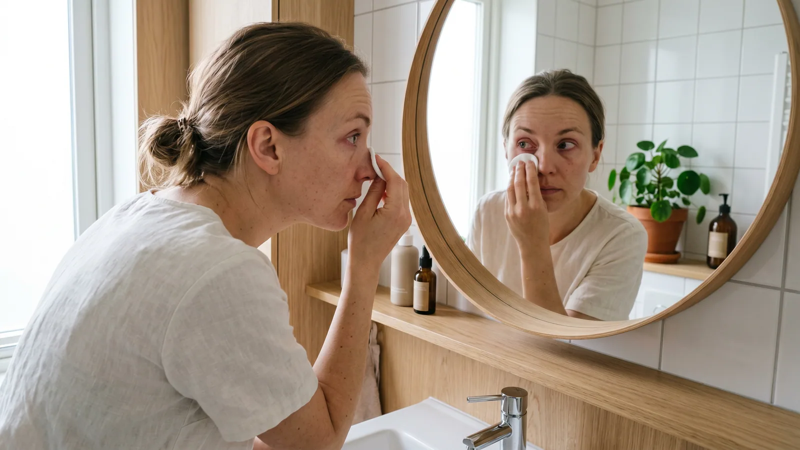 En person står ved et lyst badeværelsesspejl i morgenlyset og renser forsigtigt øjenlågsranden med en vatrondel.