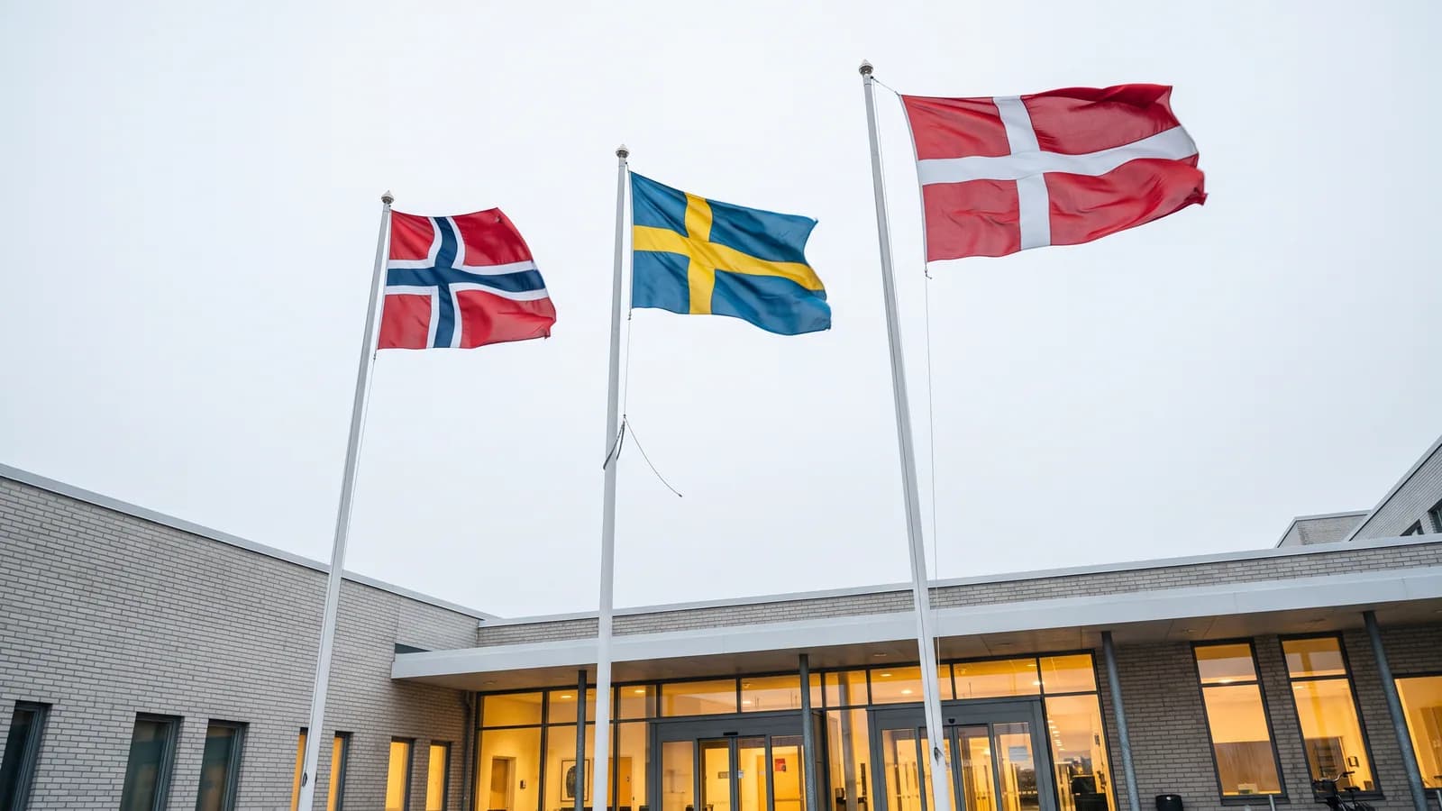 Norske, svenske og danske flag på flagstænger foran et moderne hospital