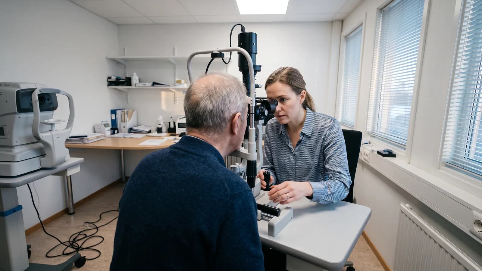 Ældre mand sidder med hagen i støtten på en spaltelampe, mens en kvindelig øjenlæge undersøger hans øjne i et lyst undersøgelsesrum