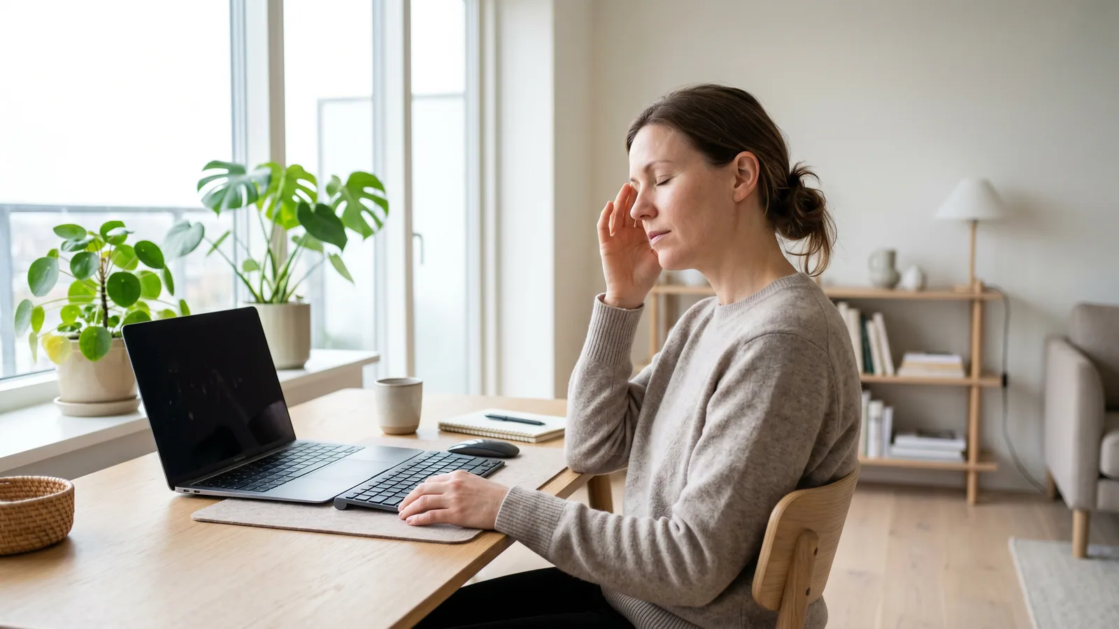 Kvinde ved et lyst hjemmekontor tager en pause fra laptoppen og holder fingerspidserne mod tindingen med øjnene lukkede.