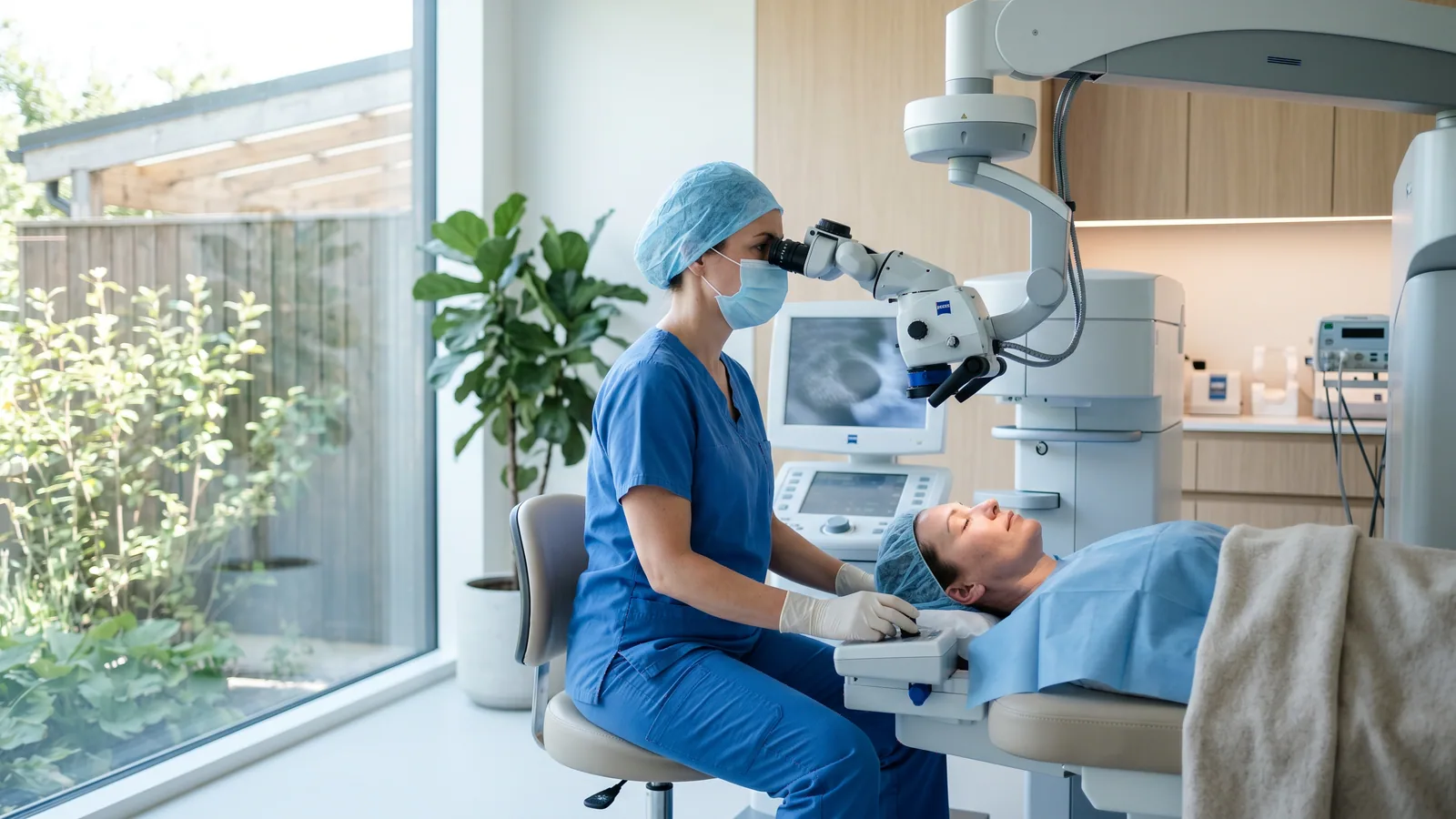 Øjenkirurg i blåt operationstøj sidder ved et operationsmikroskop, mens en patient ligger tilbagelænet i en lys skandinavisk øjenklinik.