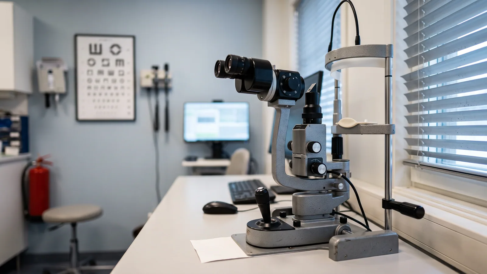 En spaltelampe, øjenlægens undersøgelsesinstrument, på et bord i et roligt, tomt undersøgelsesrum med en syntavle i baggrunden
