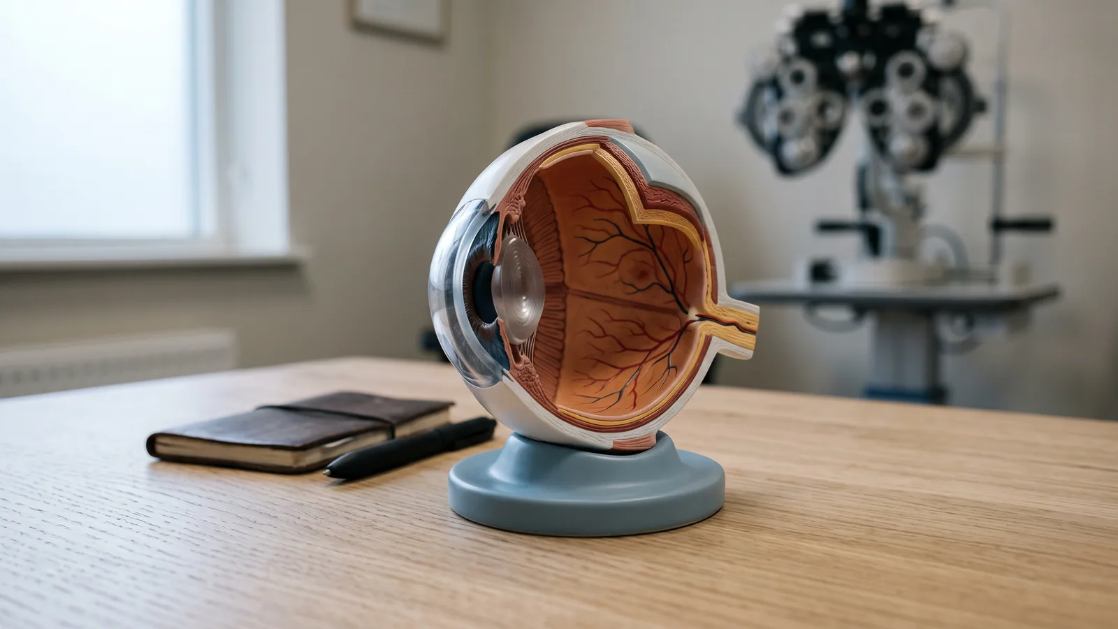 Gennemskåret anatomisk model af øjet på et lyst træbord, med hornhinde, linse og nethinde synlige, og en foropter sløret i baggrunden