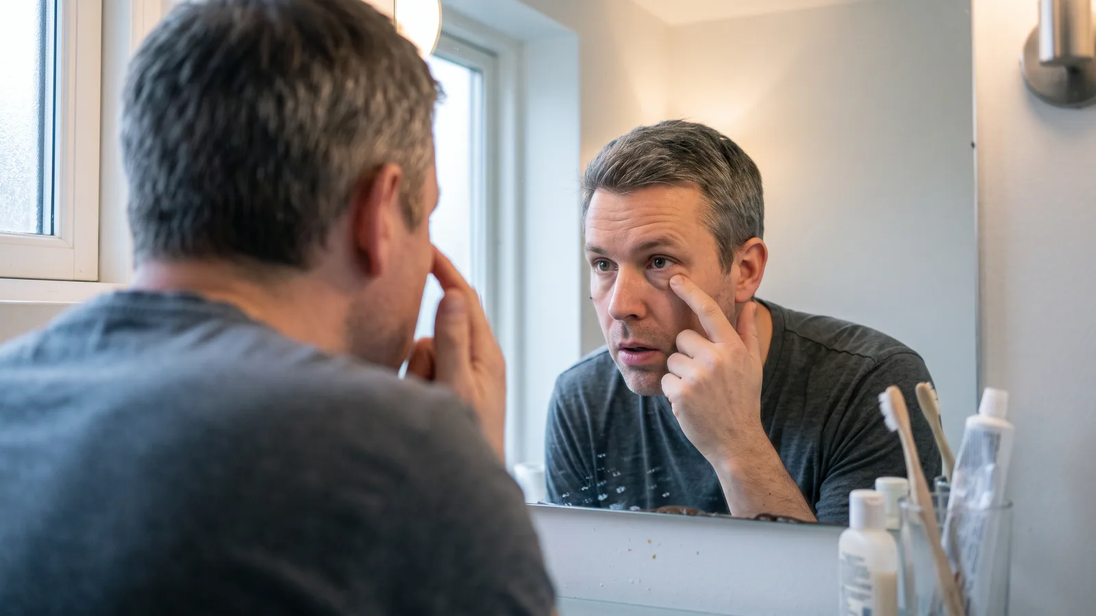 Mand i fyrrerne læner sig ind mod badeværelsesspejlet om morgenen og mærker med fingerspidsen på posen under det ene øje