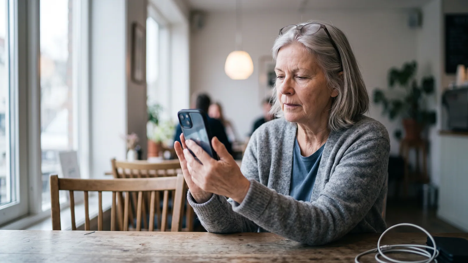 Ældre kvinde holder mobilen på afstand med læsebriller i panden