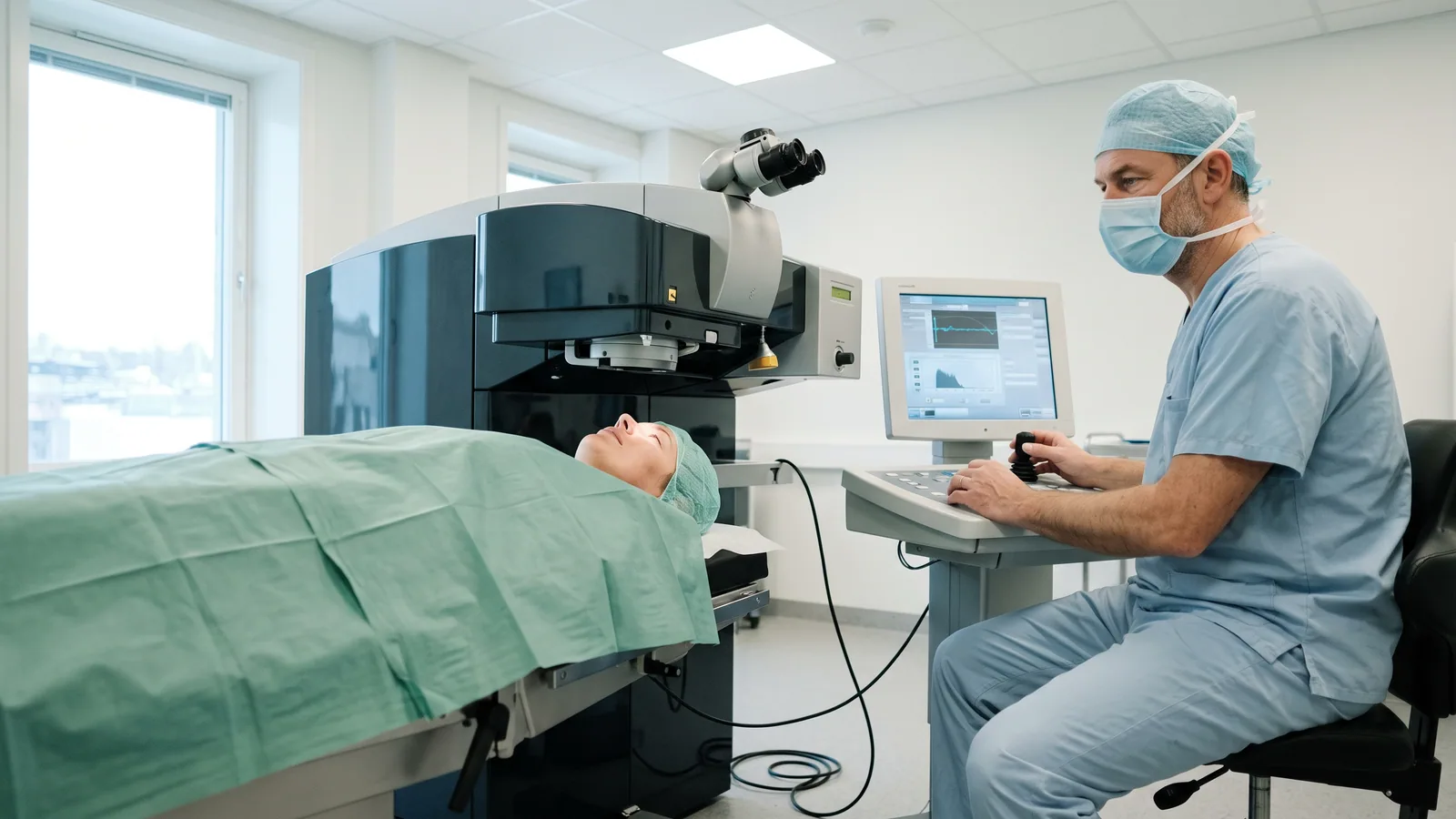 Patient under en excimerlaser ved en PRK-øjenoperation, mens en øjenkirurg styrer behandlingen i en lys klinik.