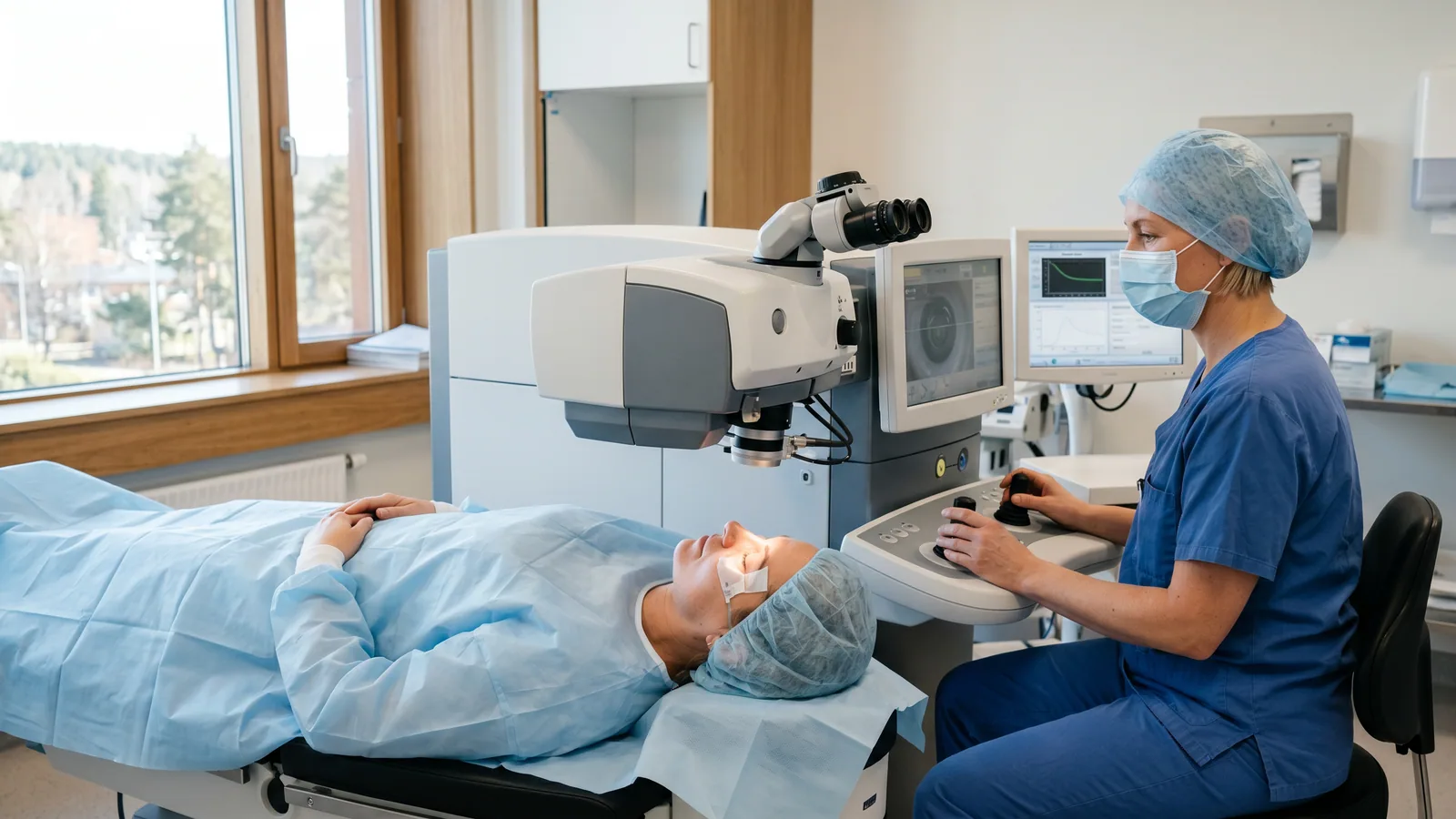 Patient under en excimerlaser ved en PRK-øjenoperation, mens en øjenkirurg styrer behandlingen i en lys klinik.