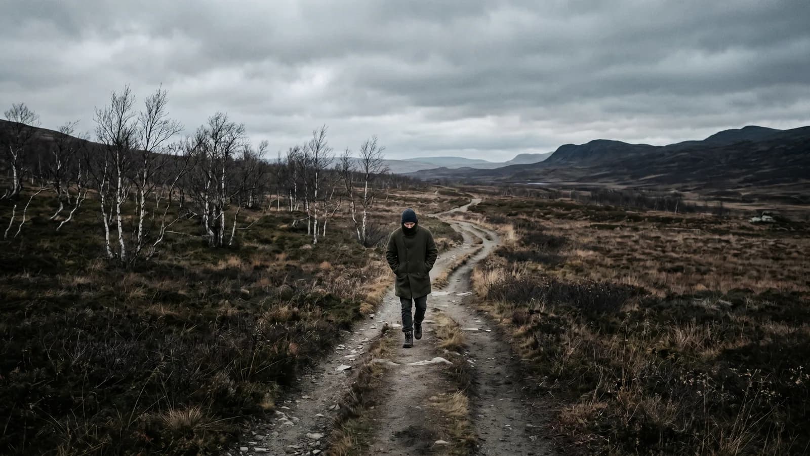 En person går alene på en forblæst efterårssti i et vidt, gråvejrsfarvet landskab