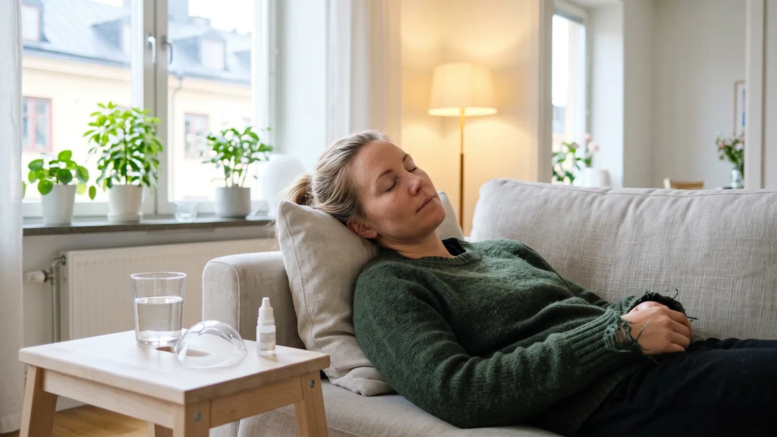 En person hviler afslappet i sofaen derhjemme under restitutionen efter øjenlaser, med øjendråber og øjenskjold på sidebordet