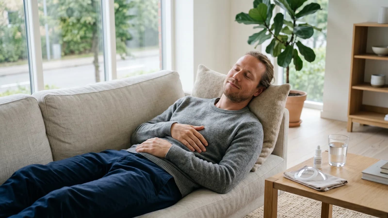En person hviler afslappet i sofaen derhjemme under restitutionen efter øjenlaser, med øjendråber og øjenskjold på sidebordet