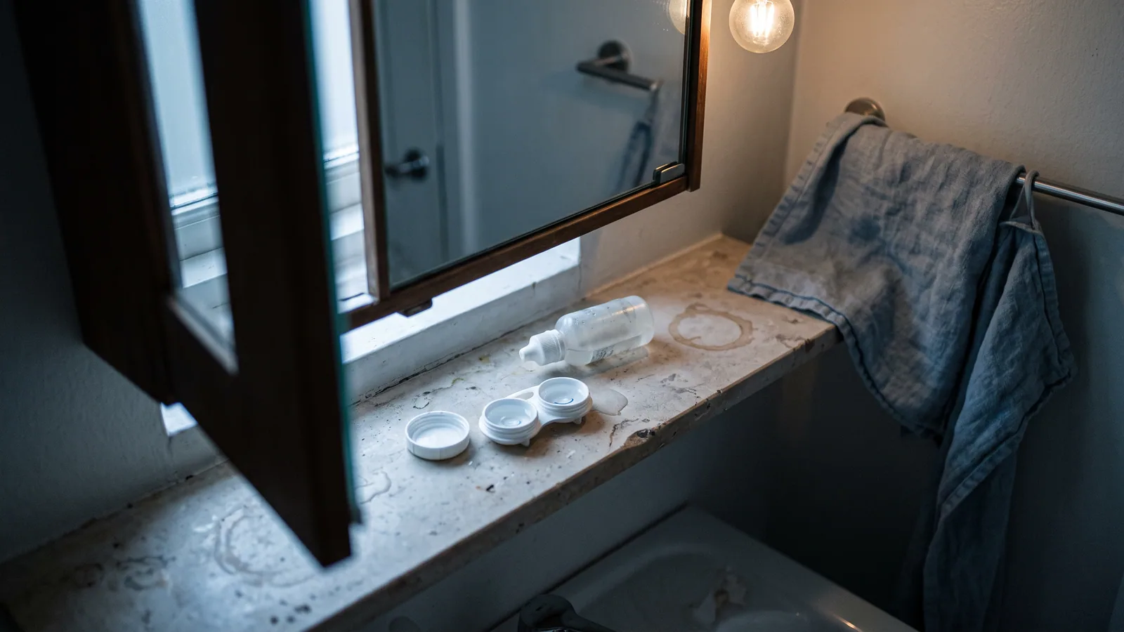 Et spejlskab står halvåbent over en badeværelsesbordplade i tidligt morgenlys, med et åbent linseetui, en flaske saltvand liggende på siden og et håndklæde hængt skævt