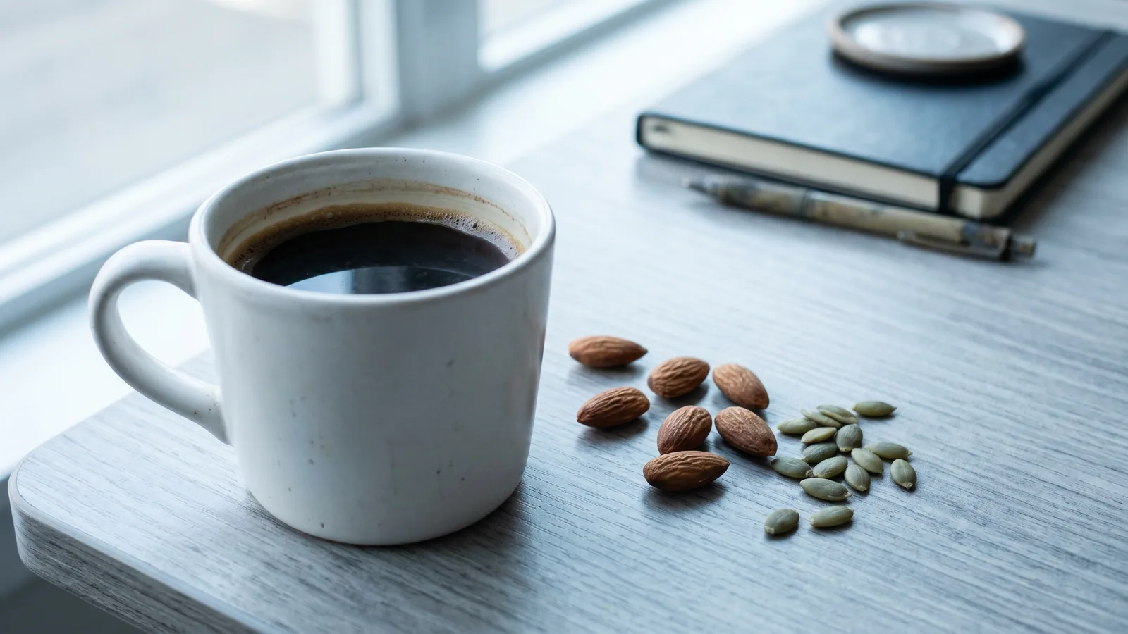 En kop kaffe ved siden af mandler og græskarkerner på et skrivebord, knyttet til koffein og magnesium