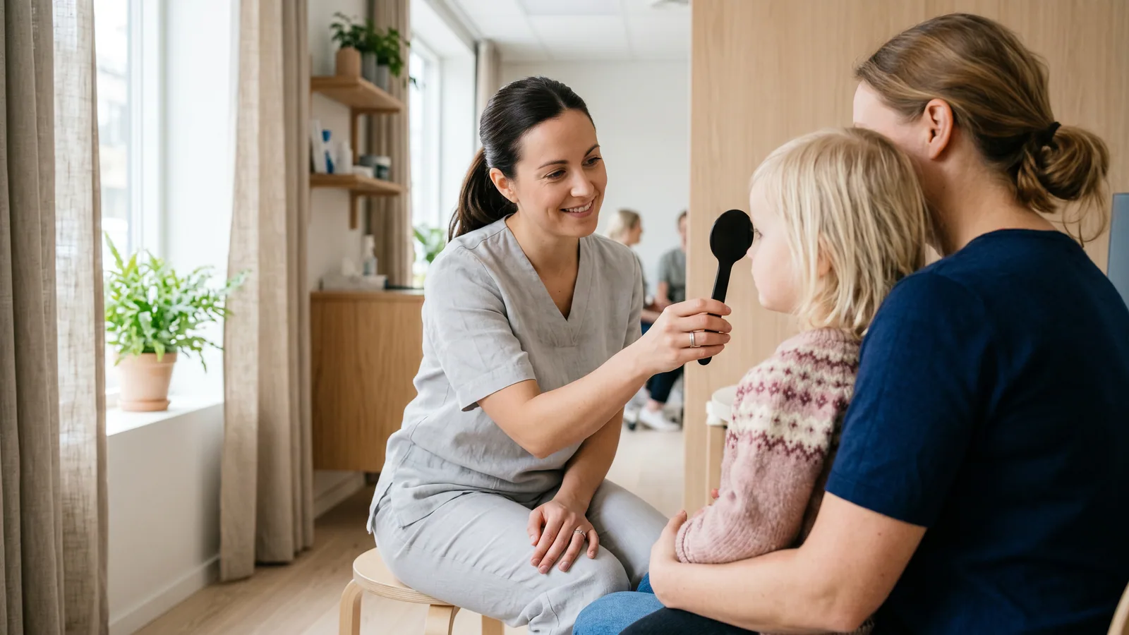 Et lille barn med briller kigger op, mens en øjenlæge lyser med en lille lommelygte mod barnets øjne i en rolig nordisk klinik