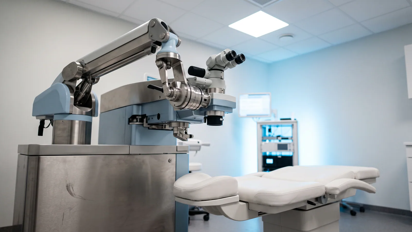 Moderne laser til øjenoperation over en tom behandlingsstol i et rent, klinisk laserrum
