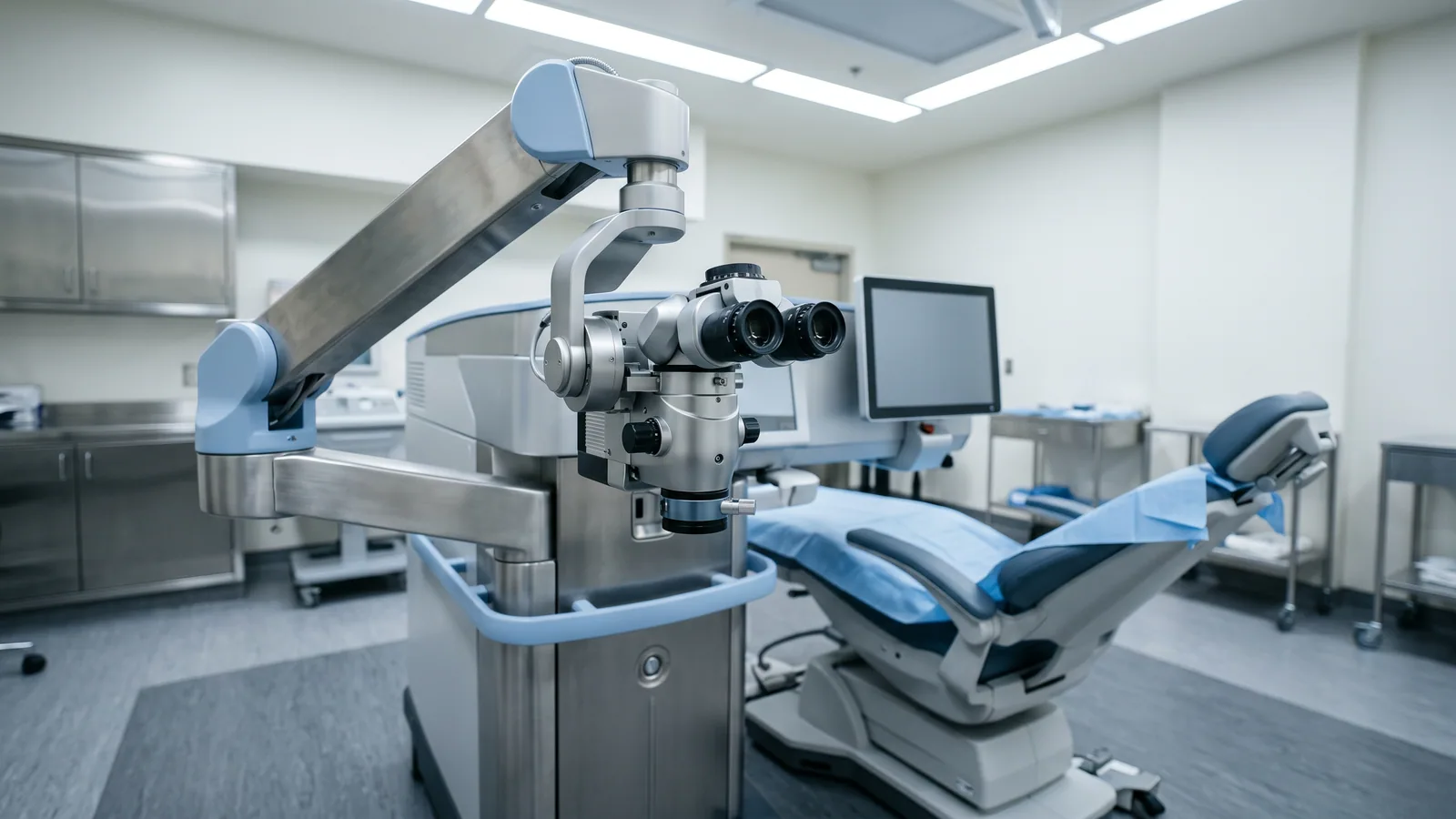 Moderne laser til øjenoperation over en tom behandlingsstol i et rent, klinisk laserrum